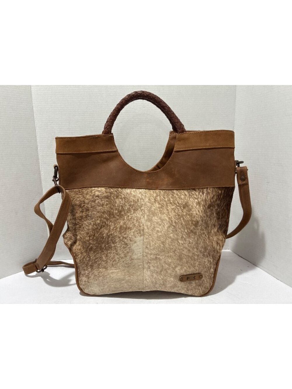leather and real cowhide satchel brown braided handle shoulder bag made Mexico